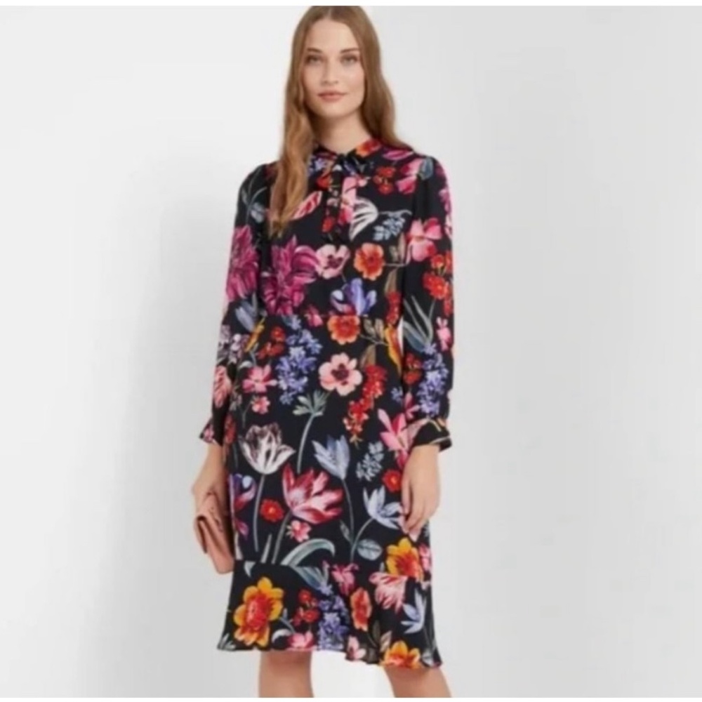 J. Crew Tie-Neck Long Sleeve Midi Dress Midnight Dutch Floral Feminine S…